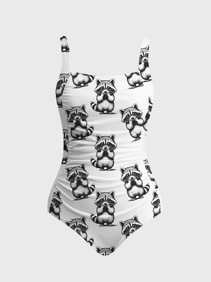 Vintage Raccoon One Piece Cinched-Waist Gathered Swimsuit