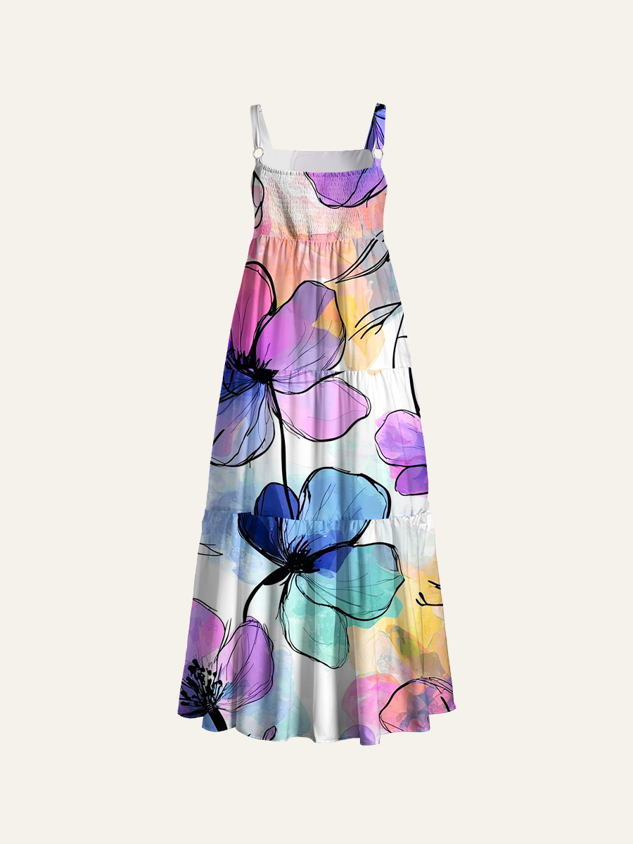 Pastel Watercolor Floral Heart Adjustable Wide Straps Maxi Dress