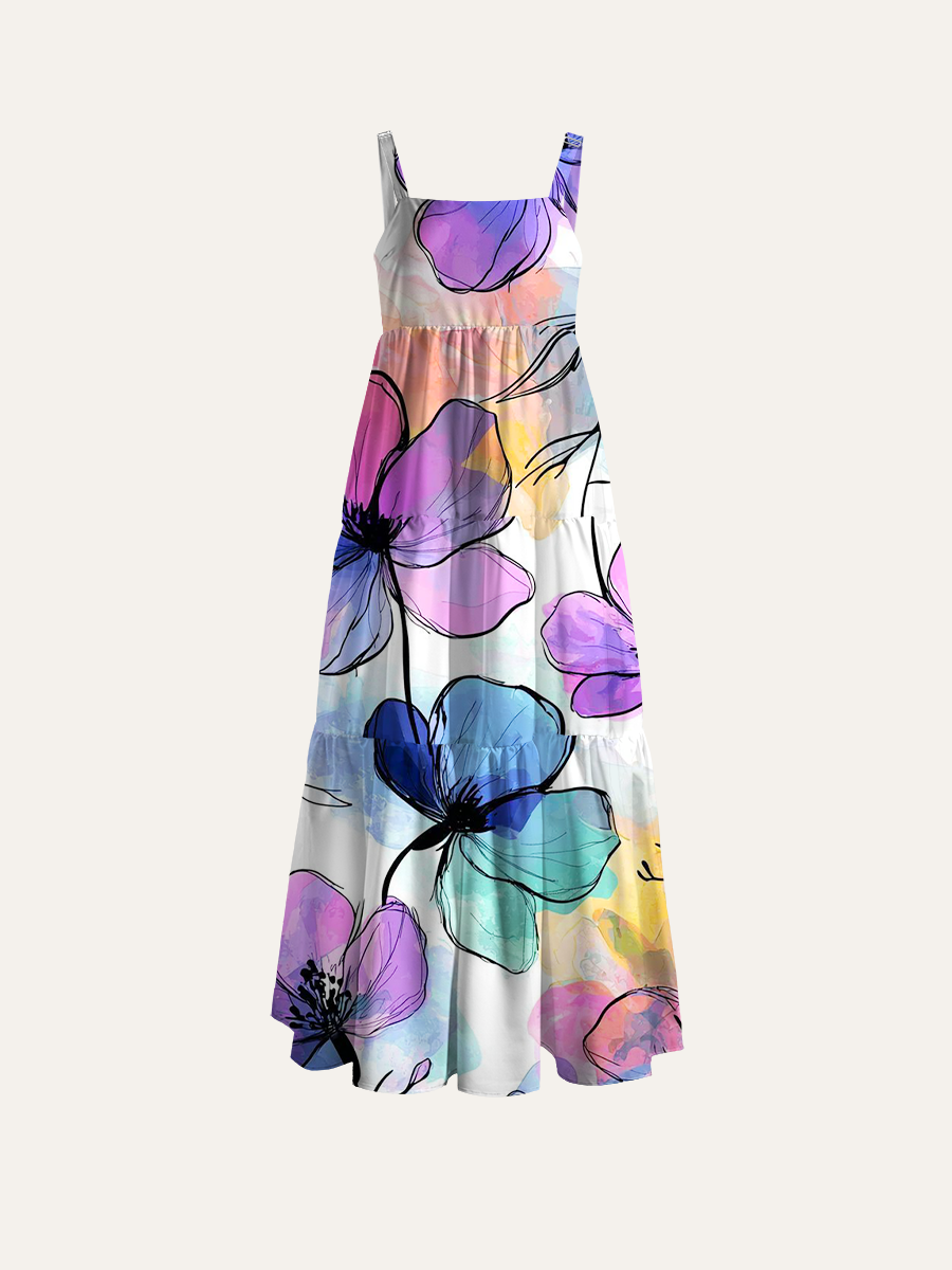 Pastel Watercolor Floral Heart Adjustable Wide Straps Maxi Dress