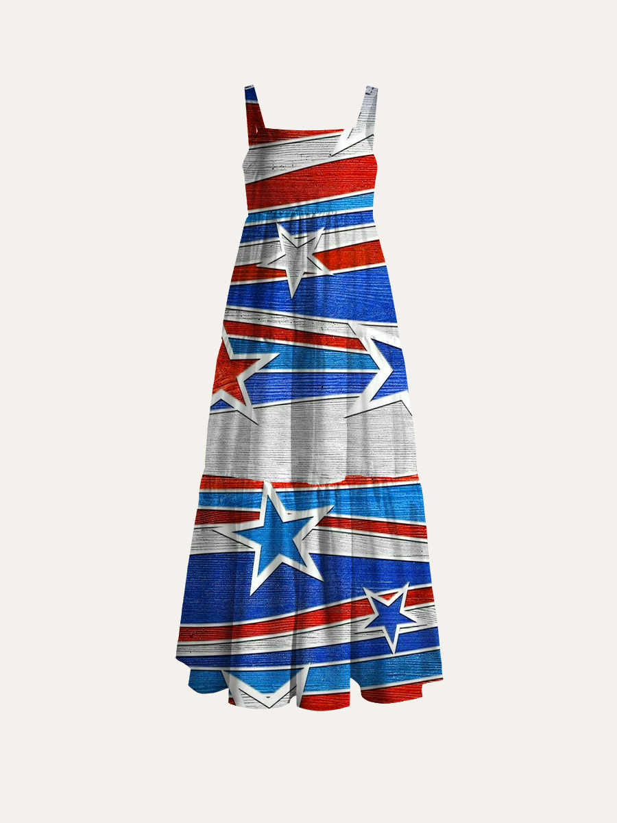 Patriotic Star & Stripe Adjustable Wide Straps Maxi Dress