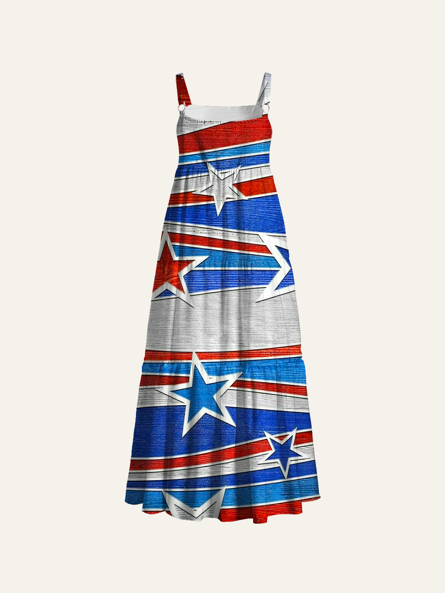 Patriotic Star & Stripe Adjustable Wide Straps Maxi Dress