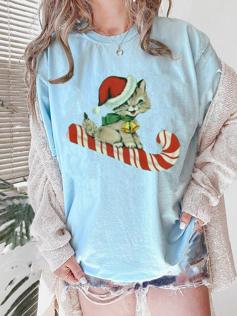 Plus Size Retro Christmas Cat T-shirt