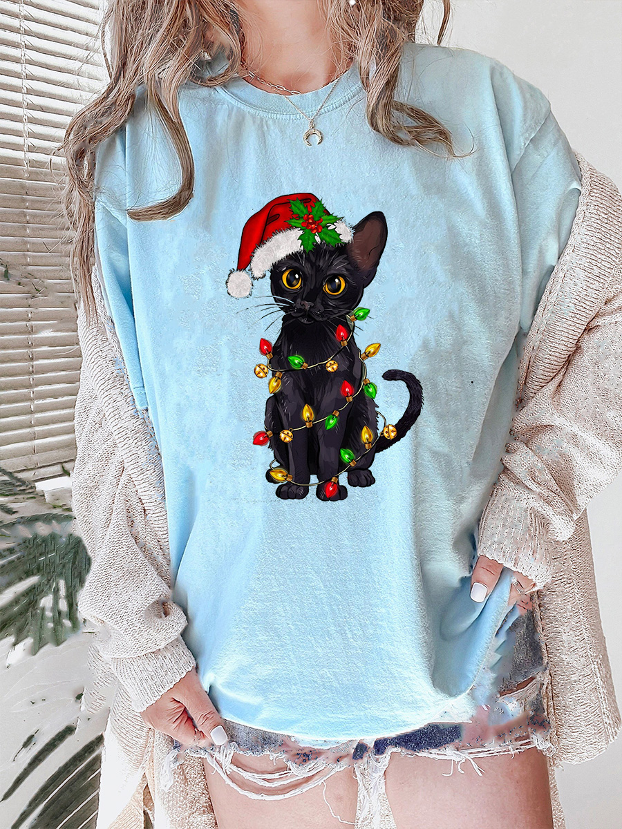 Plus Size Christmas Black Cat Tee