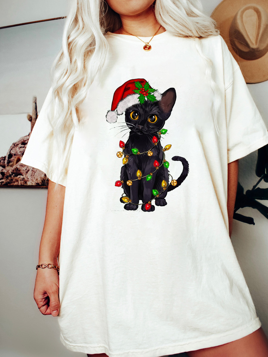 Plus Size Christmas Black Cat Tee