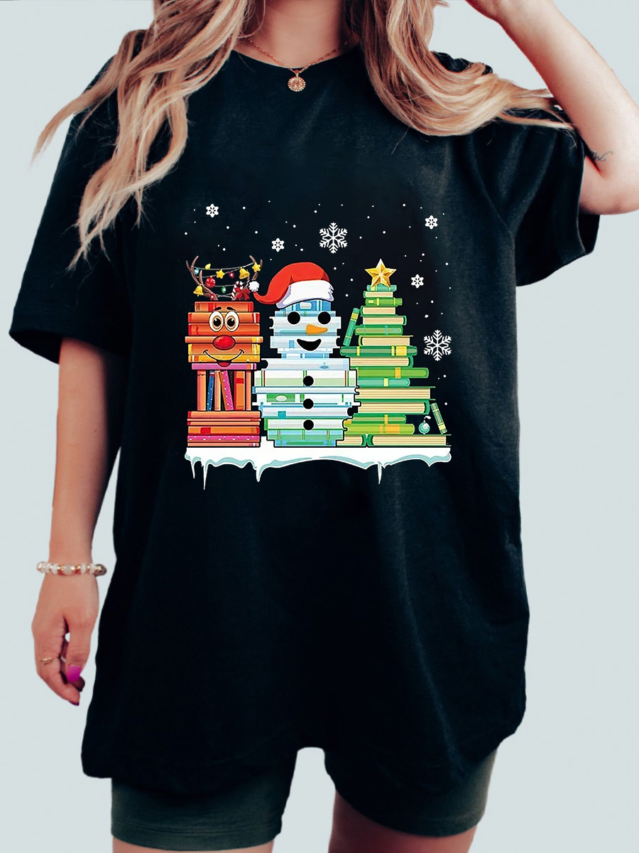 Snowman Book Christmas Tree Print T-shirt