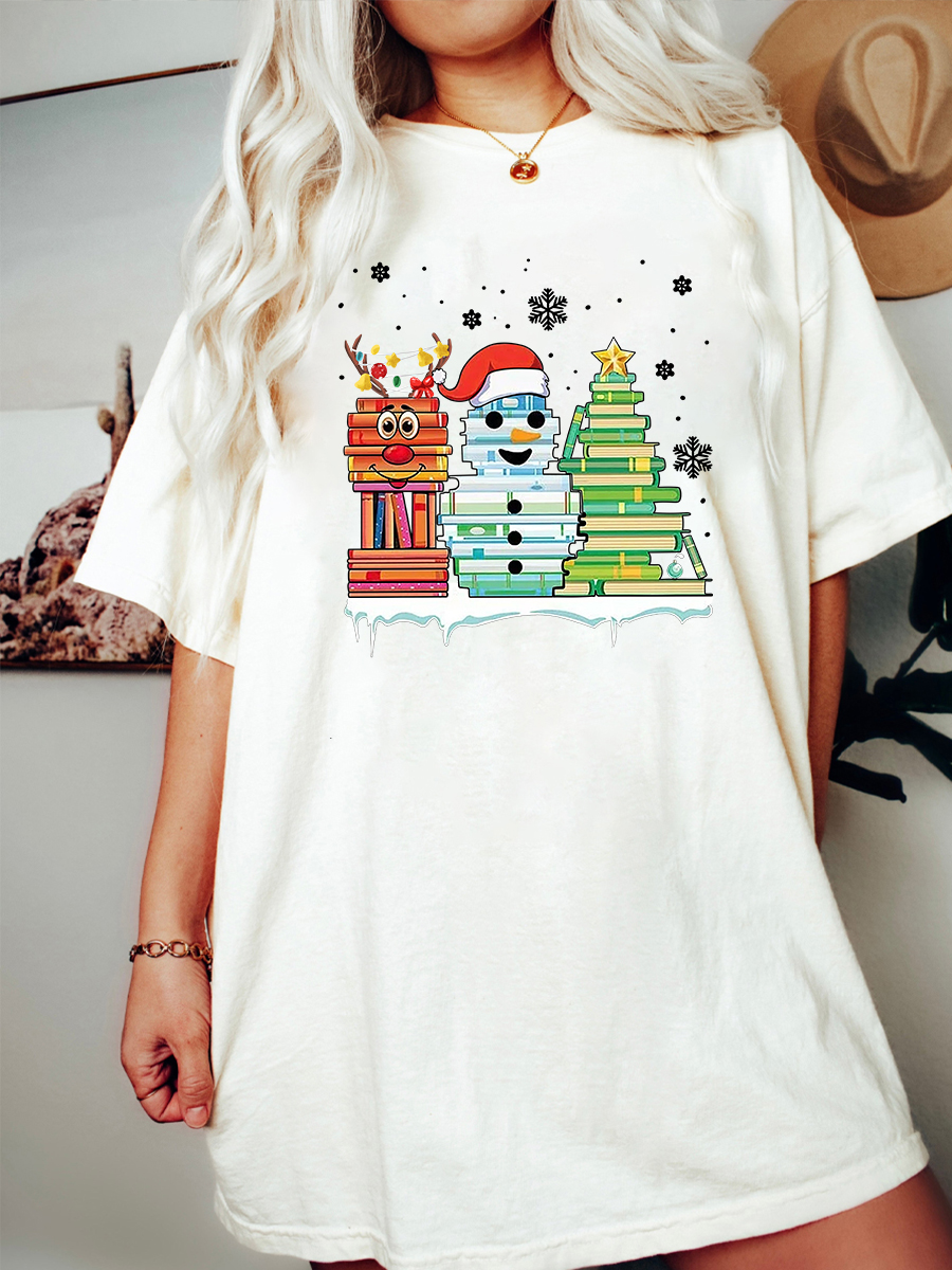 Snowman Book Christmas Tree Print T-shirt