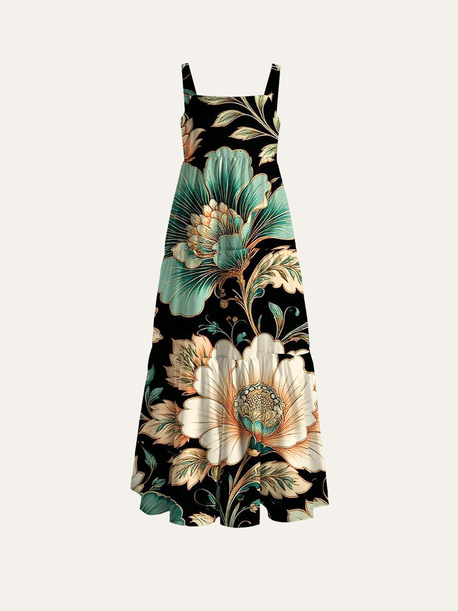 Floral Ornamental Adjustable Wide Straps Maxi Dress