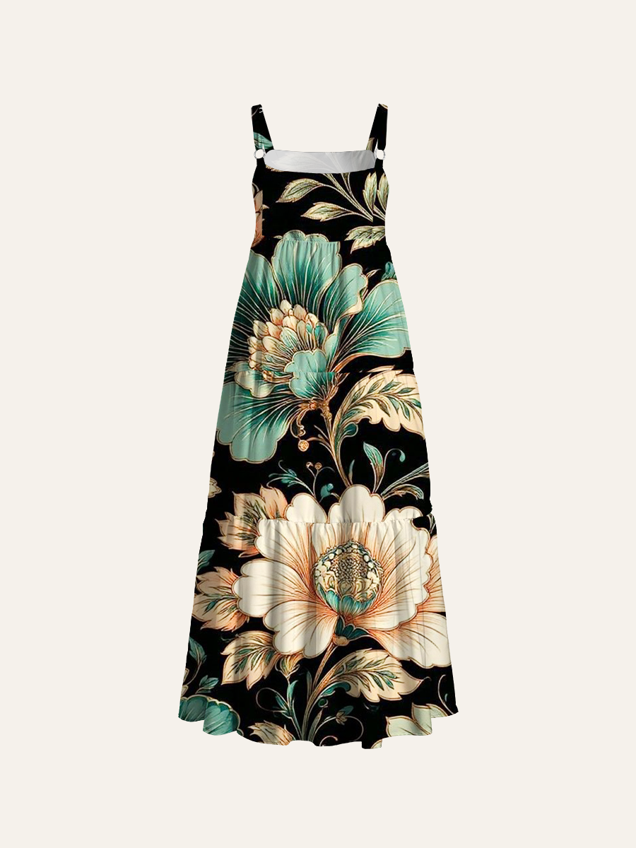 Floral Ornamental Adjustable Wide Straps Maxi Dress