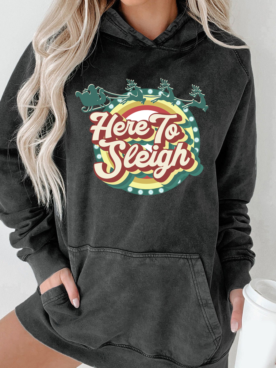 Retro Here To Sleigh Preppy Christmas Washed Hoodie