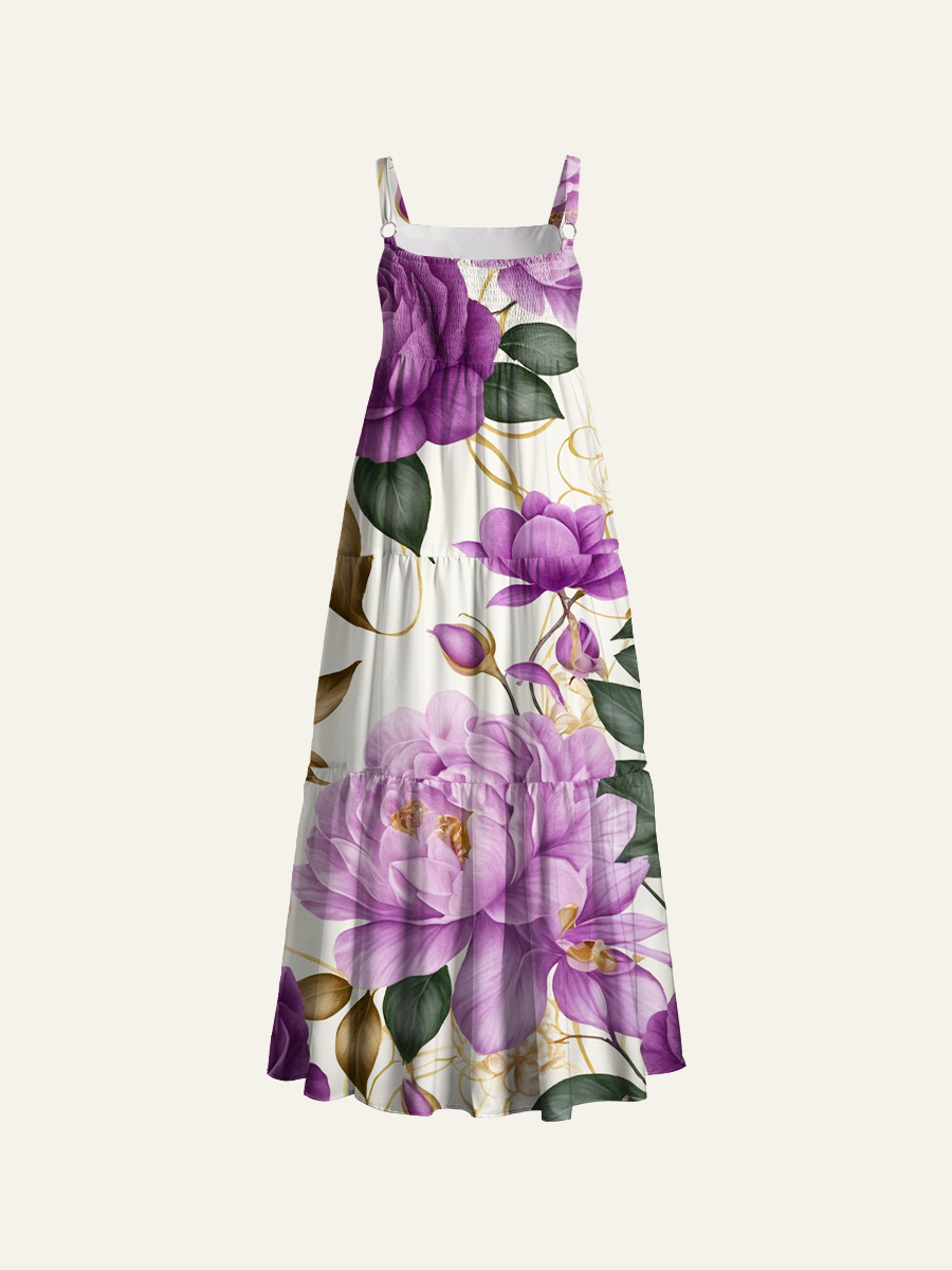 Luxury Purple Peony & Rose Floral Adjustable Wide Straps Maxi Dress