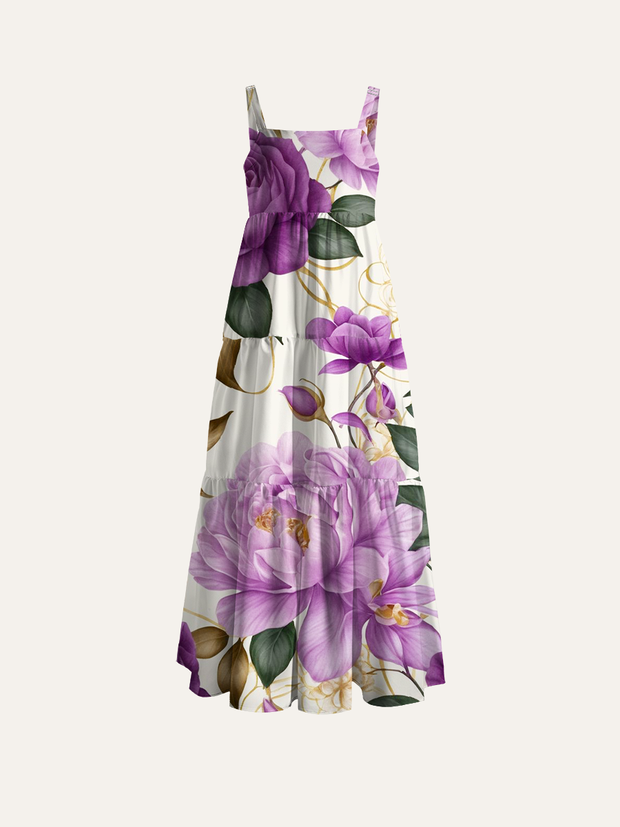 Luxury Purple Peony & Rose Floral Adjustable Wide Straps Maxi Dress