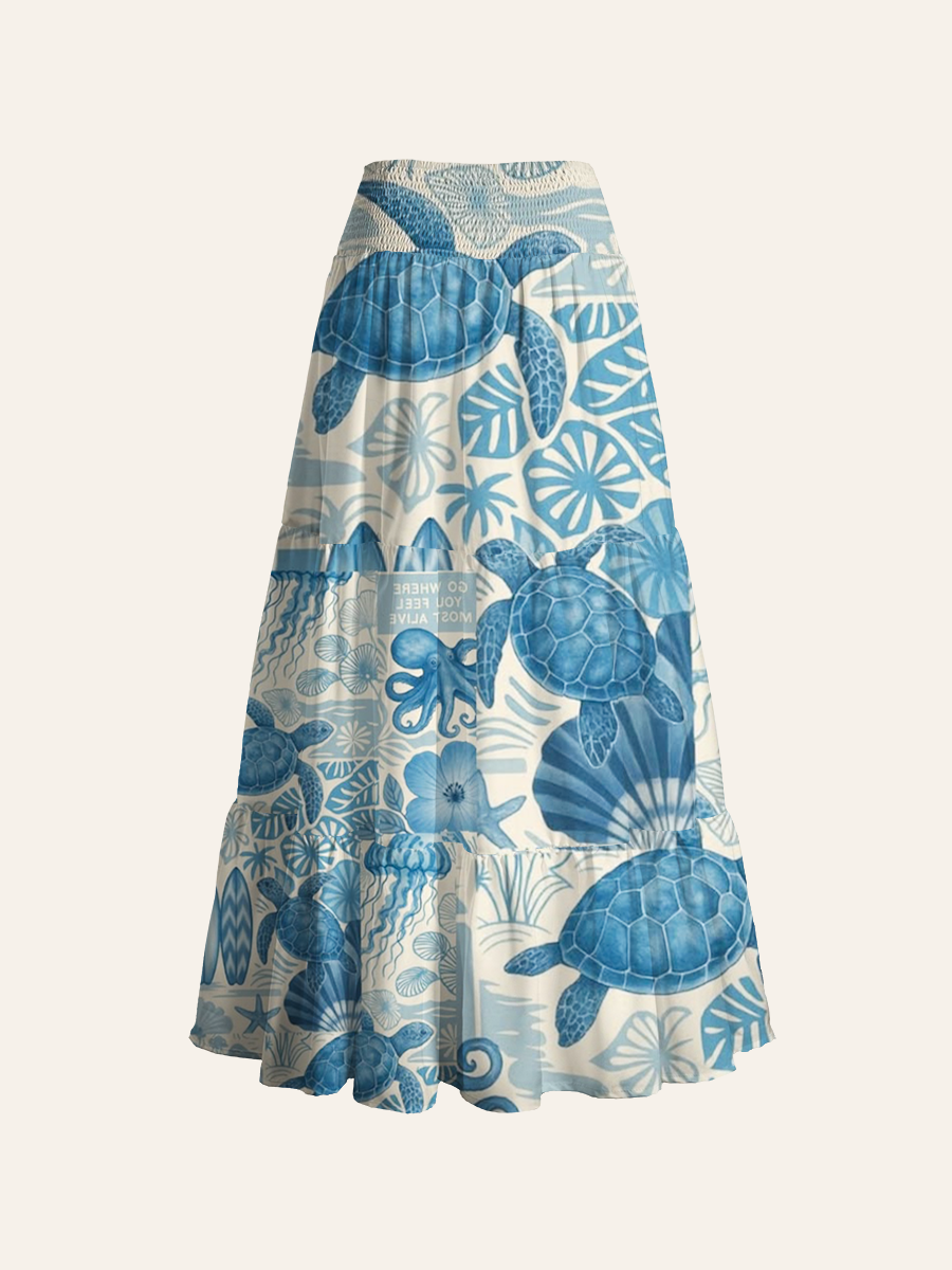 Coastal Blue Sea Turtle Collage Convertible Maxi Skirts