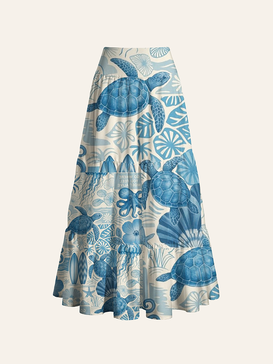 Coastal Blue Sea Turtle Collage Convertible Maxi Skirts