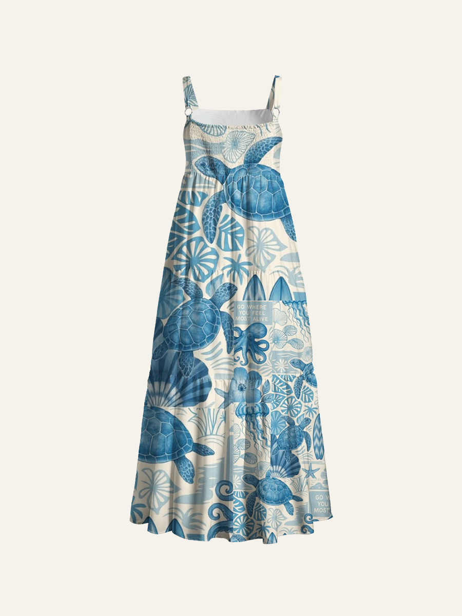Coastal Blue Sea Turtle Collage Adjustable Wide Straps Maxi Dress