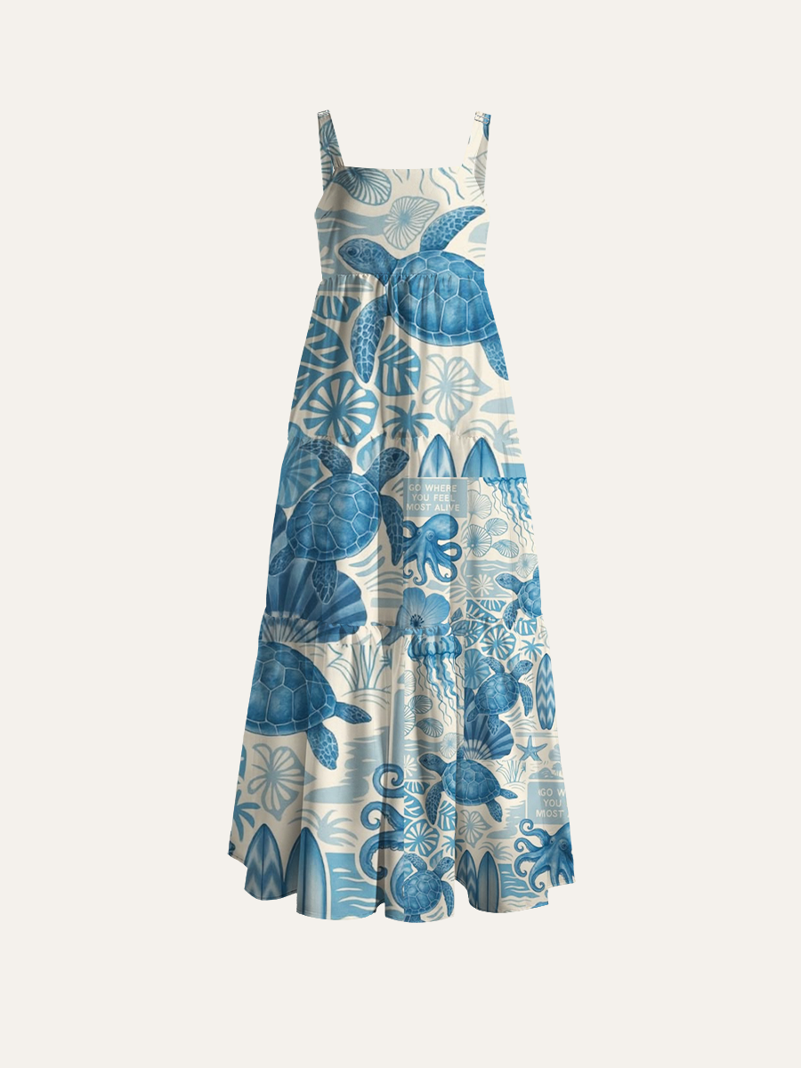 Coastal Blue Sea Turtle Collage Adjustable Wide Straps Maxi Dress