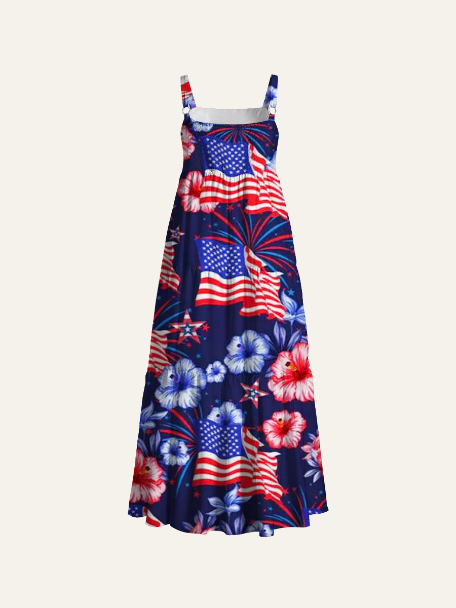 Patriotic Hibiscus & USA Flag Adjustable Wide Straps Maxi Dress