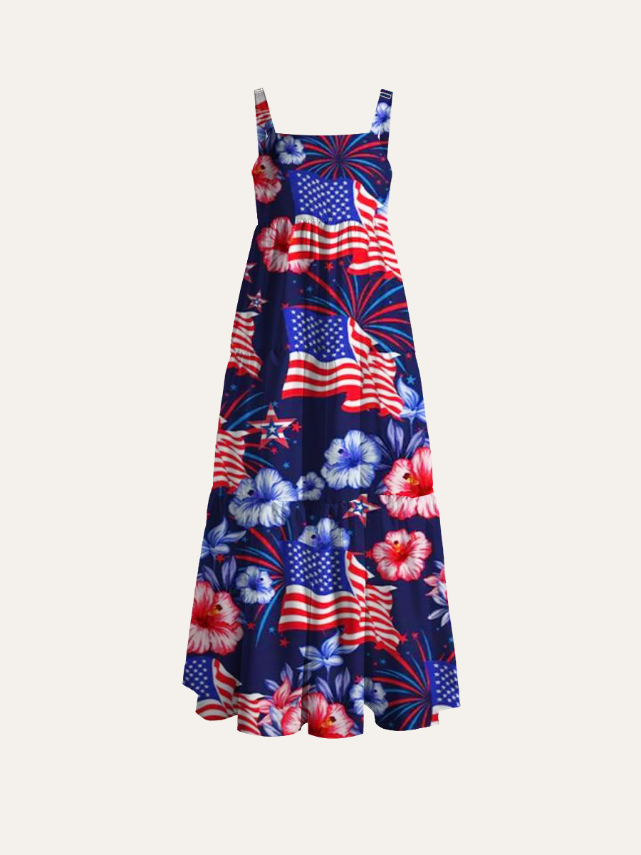Patriotic Hibiscus & USA Flag Adjustable Wide Straps Maxi Dress