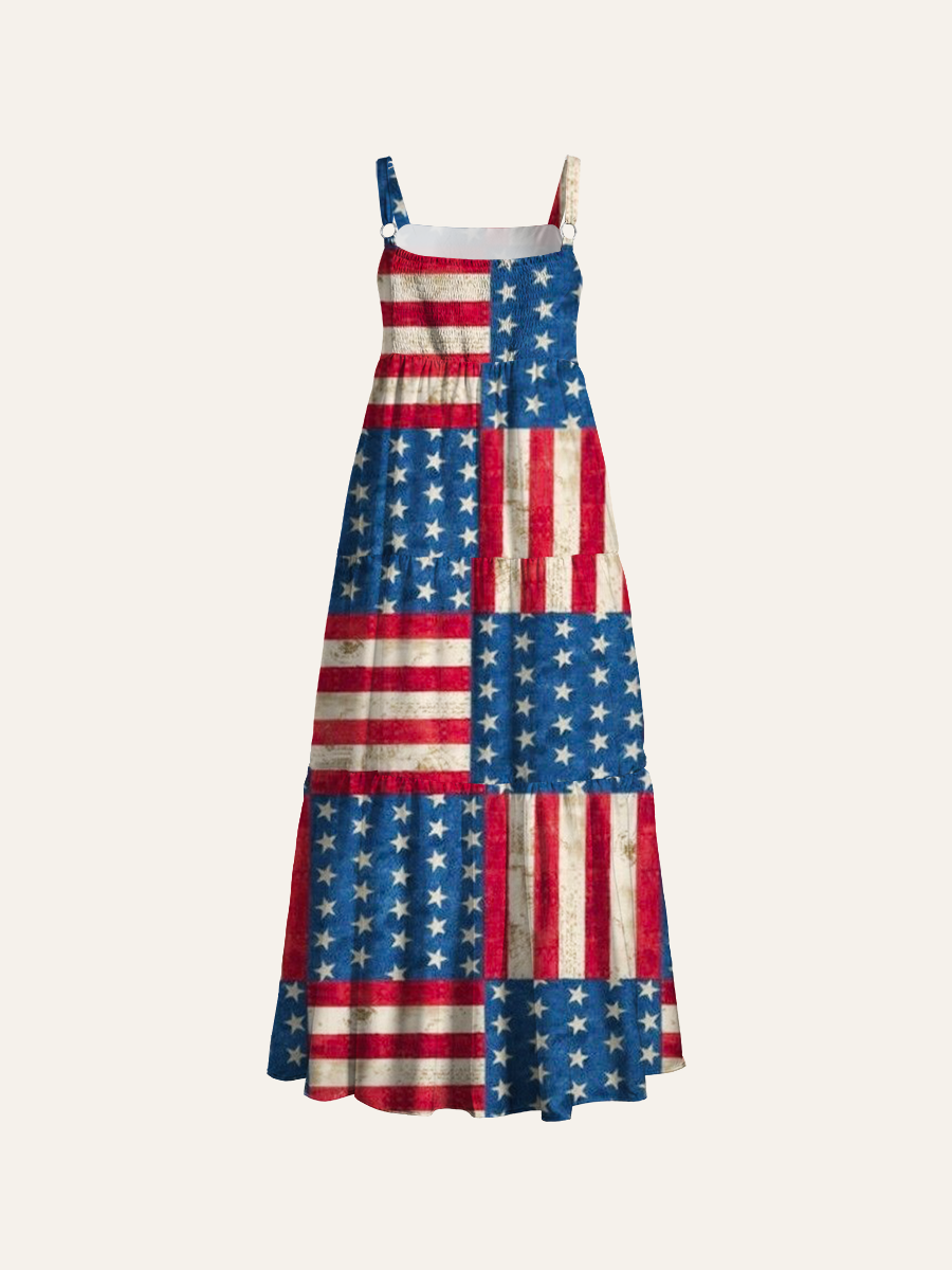 American Flag Patchwork Adjustable Wide Straps Maxi Dress