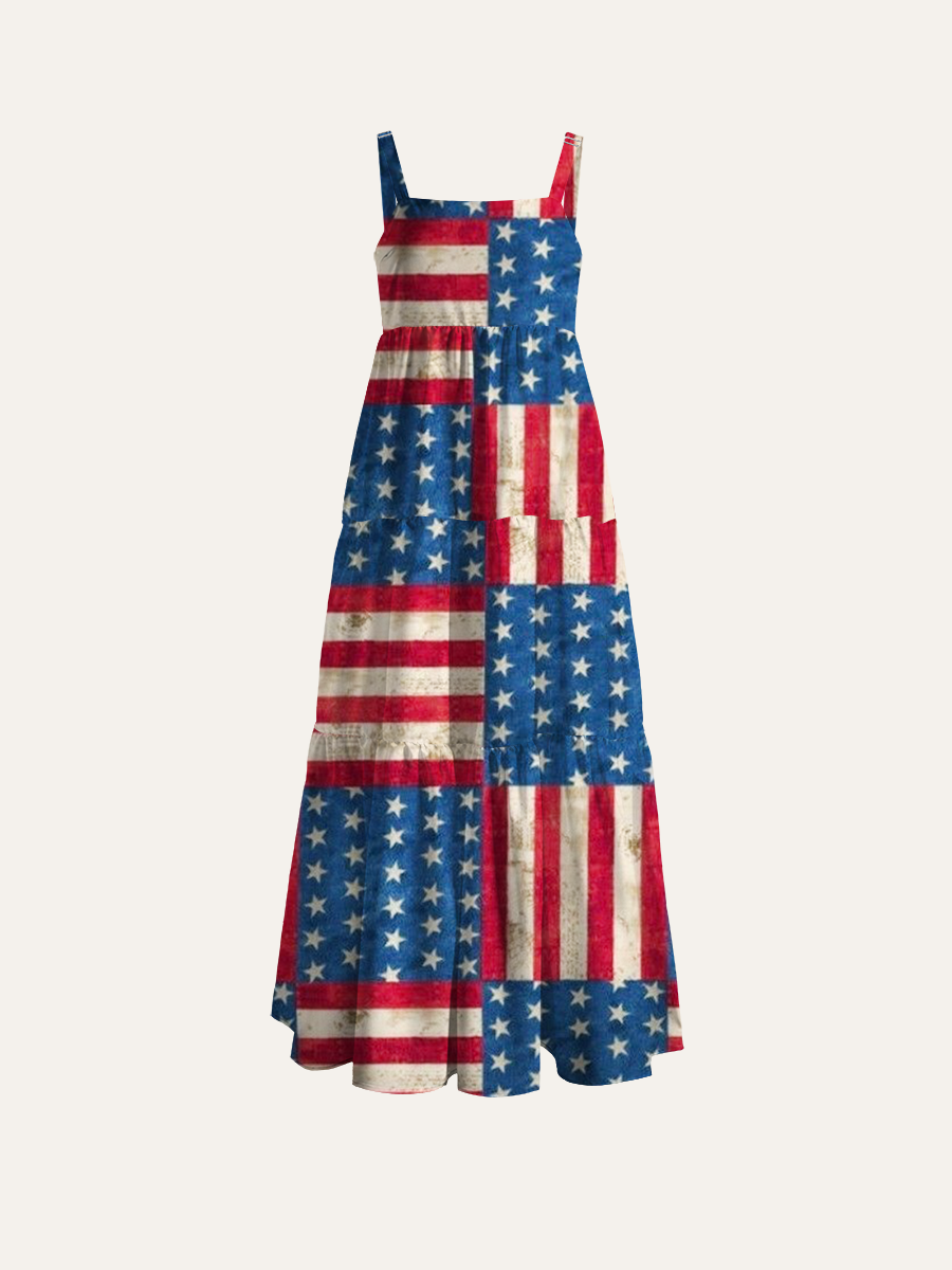 American Flag Patchwork Adjustable Wide Straps Maxi Dress