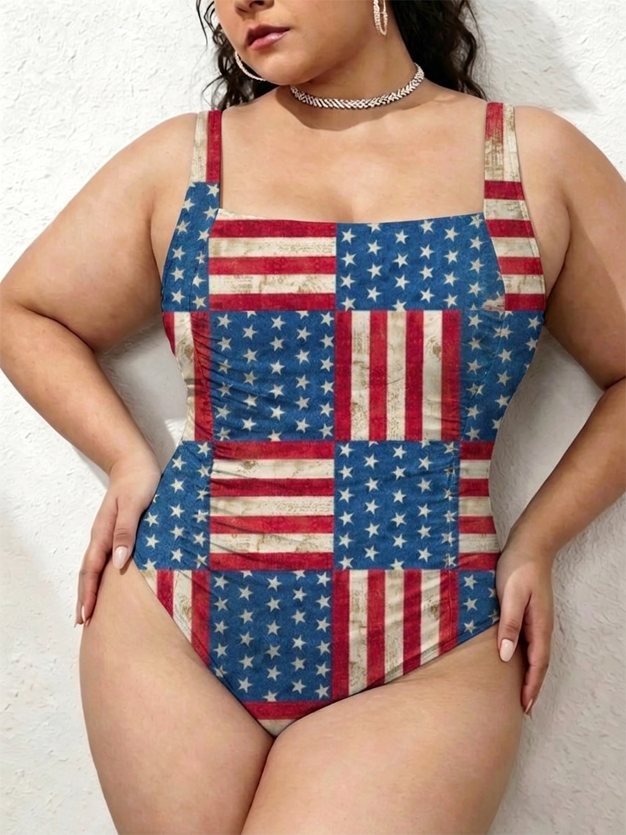 Vintage American Flag Patchwork Gathered Swimsuit
