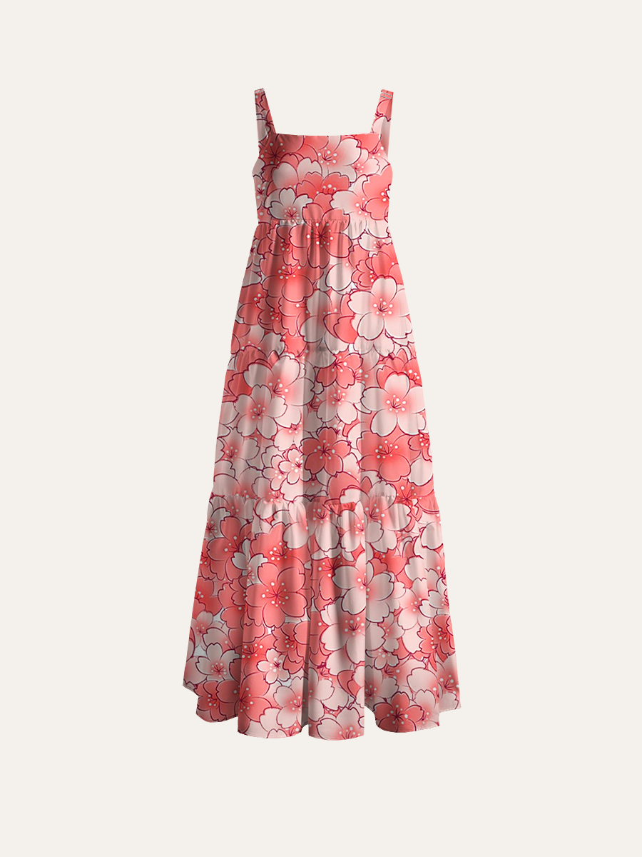 Pink Cherry Blossom Adjustable Wide Straps Maxi Dress
