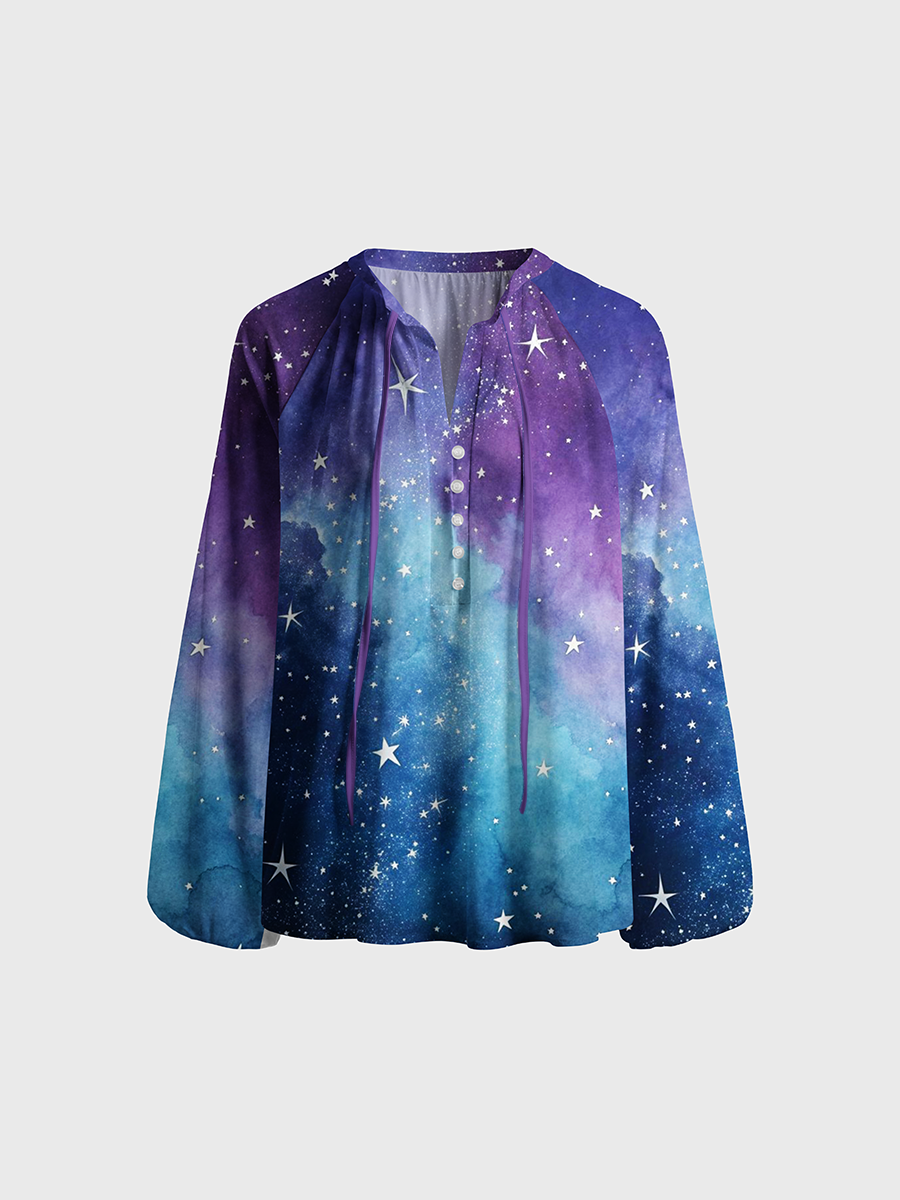 Watercolor Galaxy Neck Tie Blouse