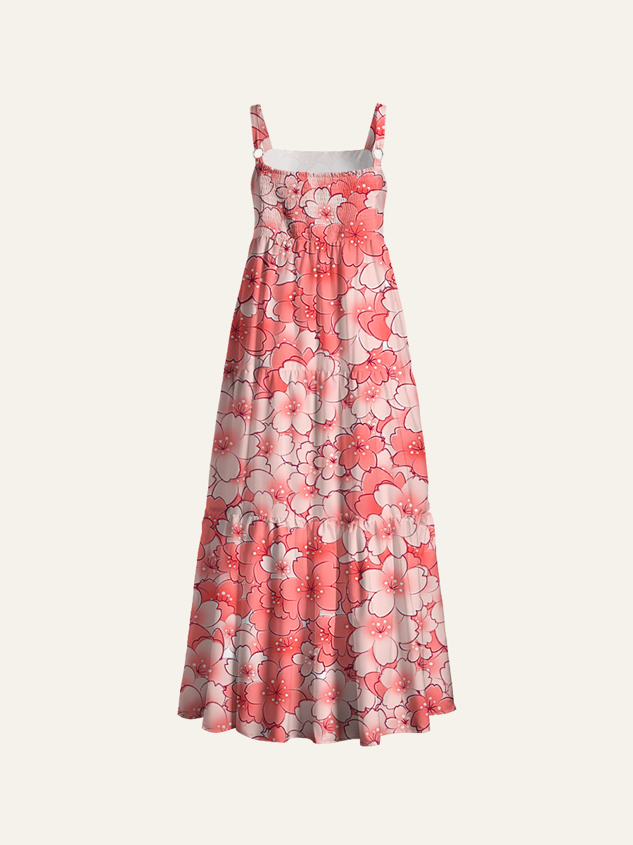 Pink Cherry Blossom Adjustable Wide Straps Maxi Dress