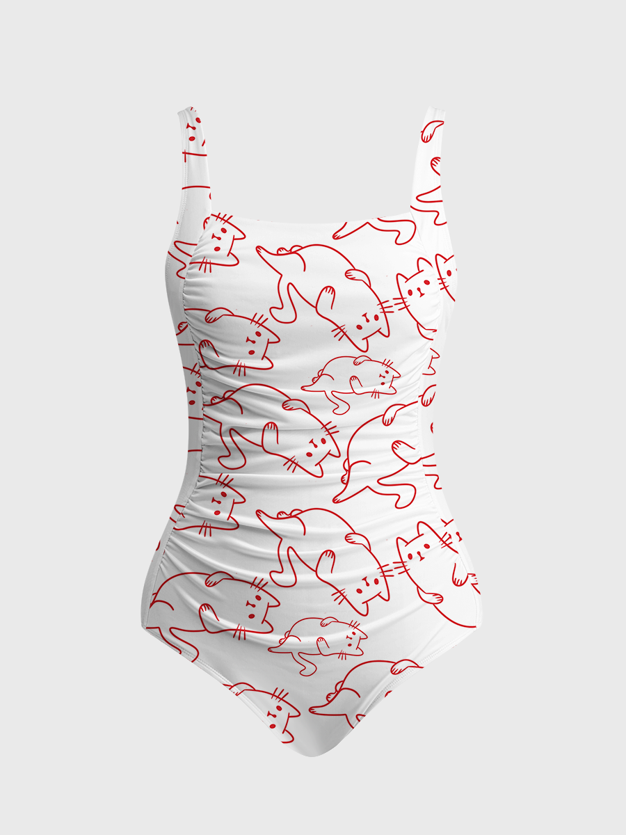 Vintage Lazy Cat One Piece Cinched-Waist Gathered Swimsuit