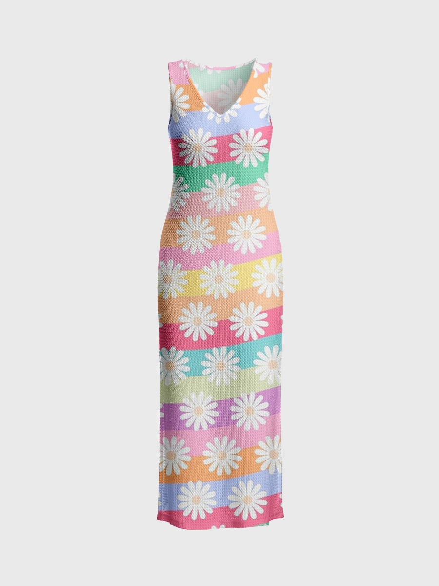 Rainbow Wavy Stripe Daisy Open Stitch Midi Dress