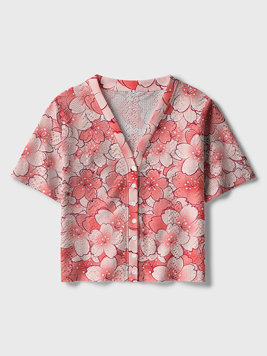  Pink Cherry Blossom Crochet Button Down Cardigan