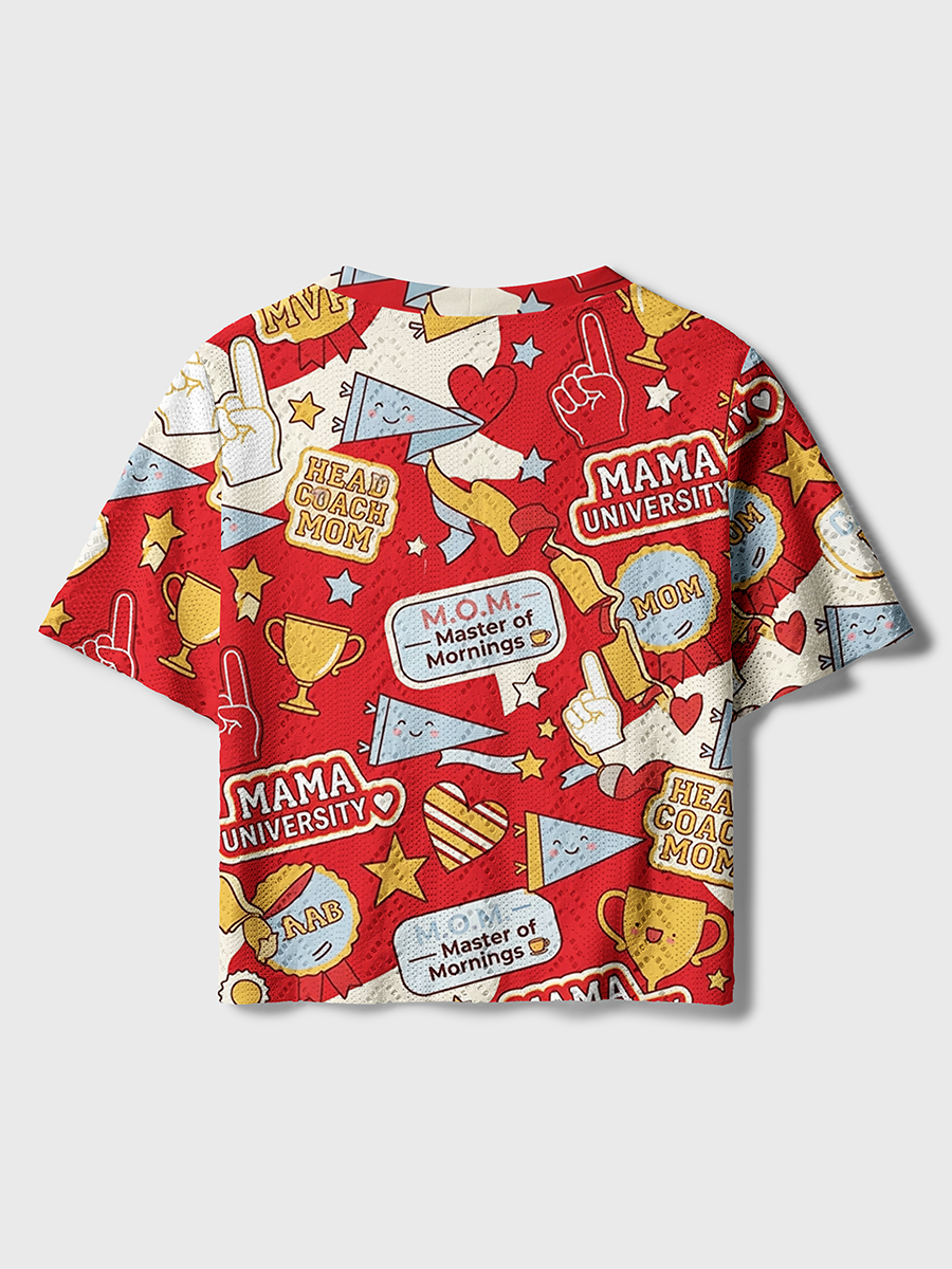 Red Mama Coach Sport Sticker Bomb Crochet Button Down Cardigan