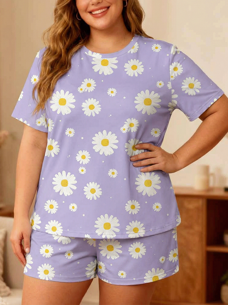 Vintage Purple Base White Daisy Short Pajamas