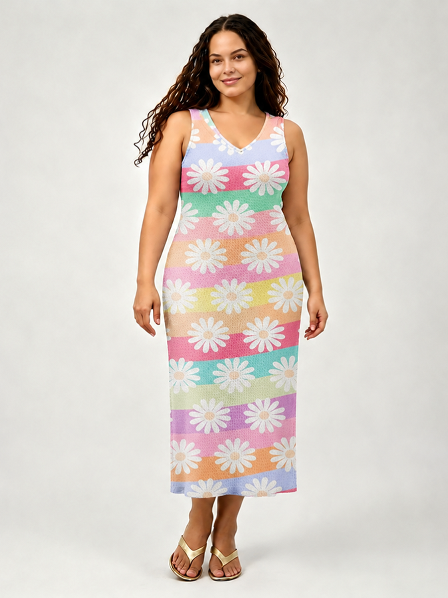 Rainbow Wavy Stripe Daisy Open Stitch Midi Dress