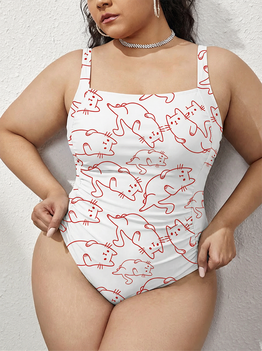 Vintage Lazy Cat One Piece Cinched-Waist Gathered Swimsuit
