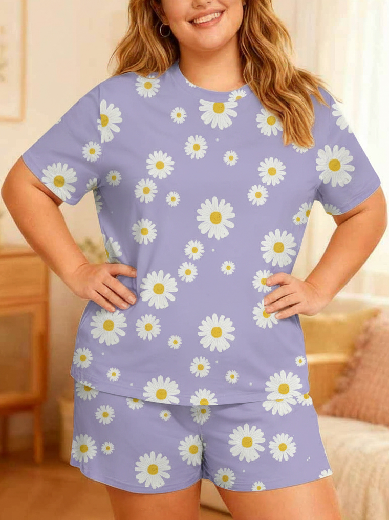 Vintage Purple Base White Daisy Short Pajamas