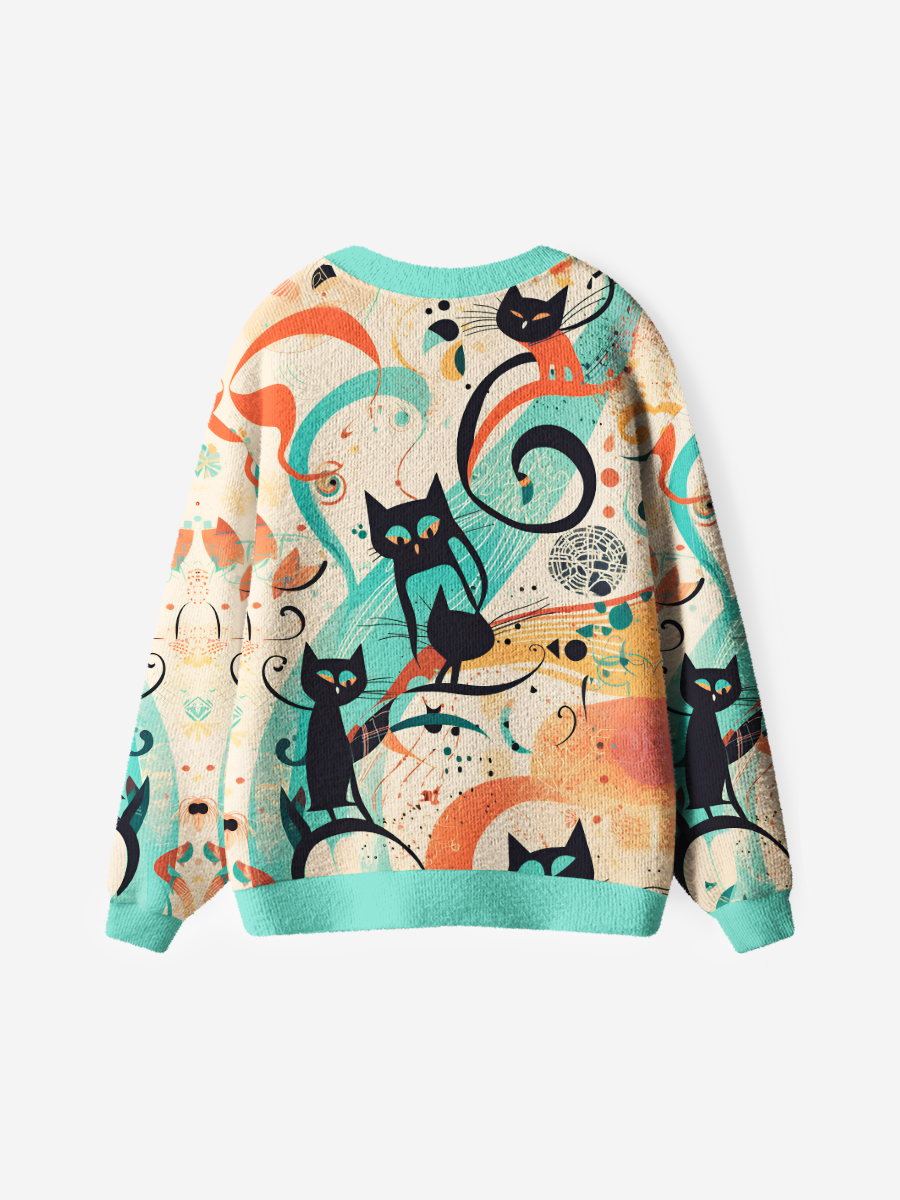 Vintage Abstract Black Cat Cardigan Sweaters