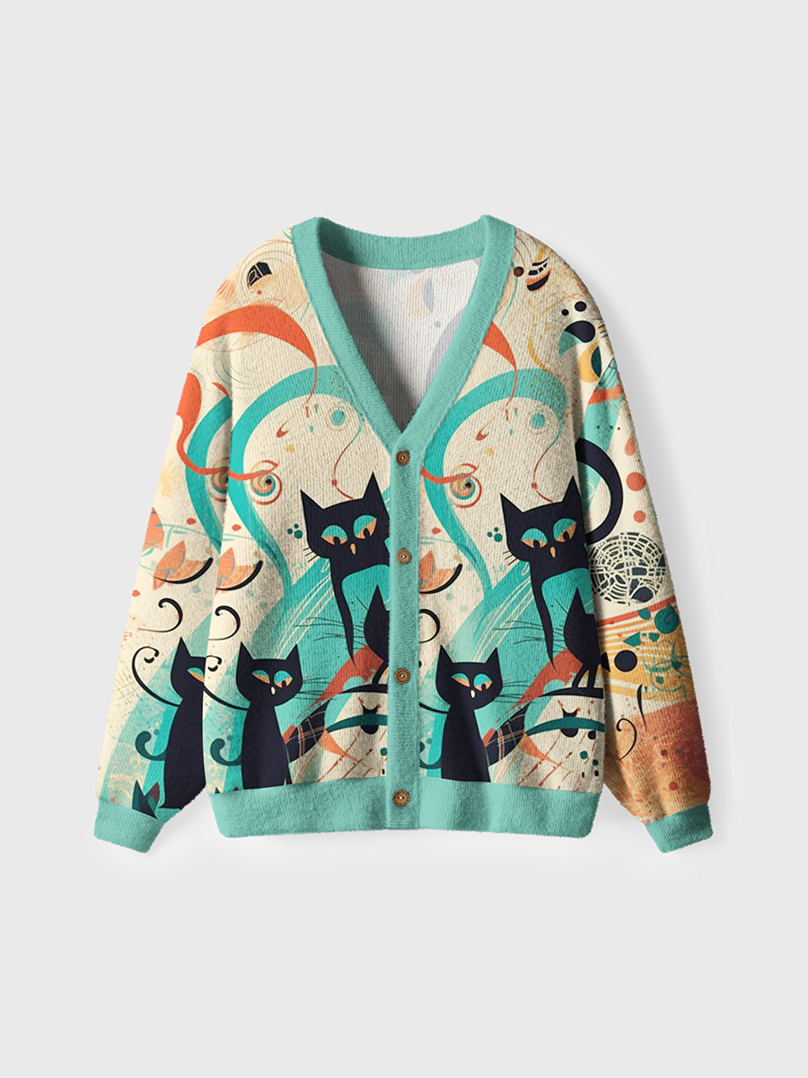 Vintage Abstract Black Cat Cardigan Sweaters