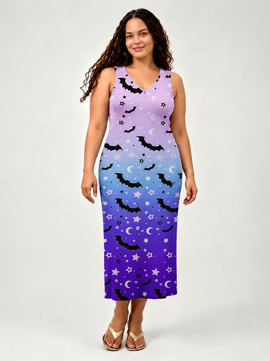 Pastel Goth Bat Moon Star Open Stitch Midi Dress