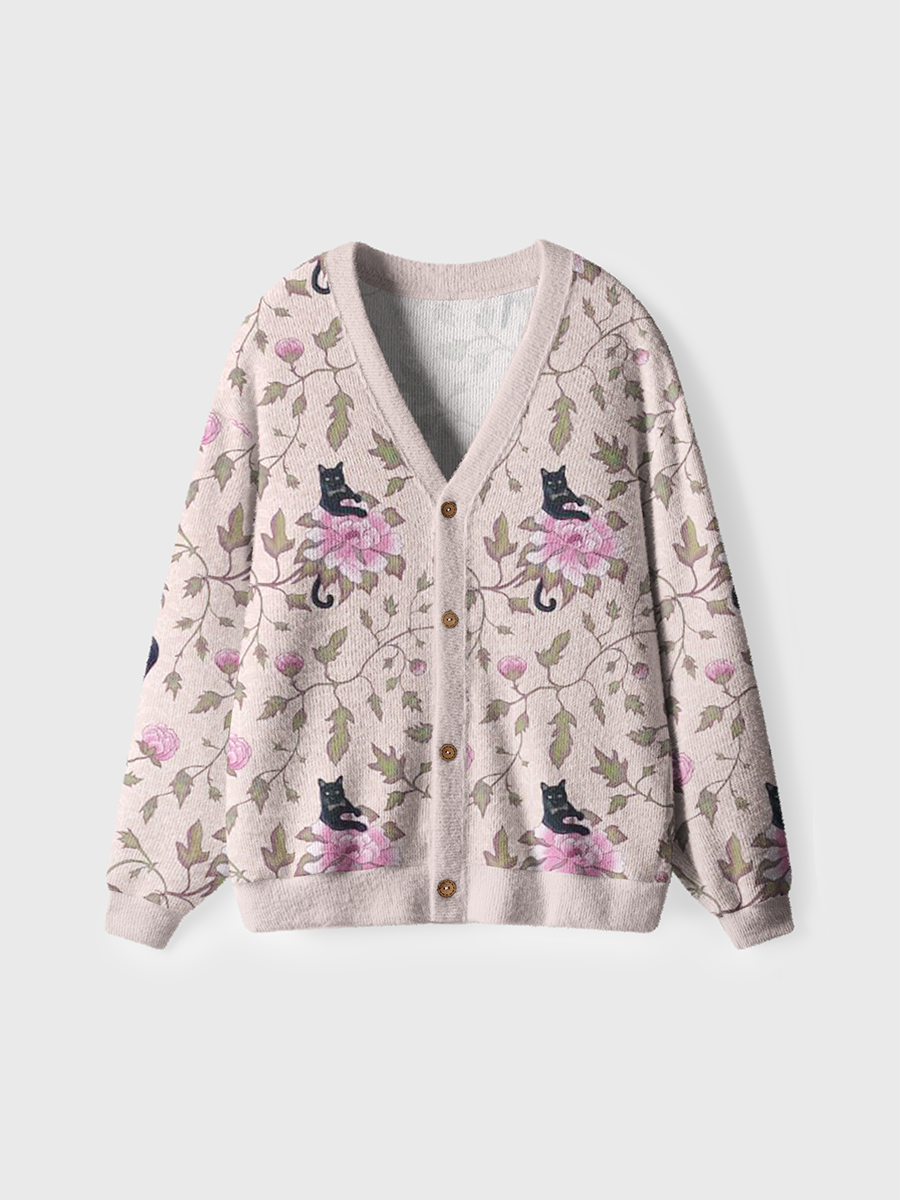 Vintage Black Cat Bloom Cardigan Sweaters
