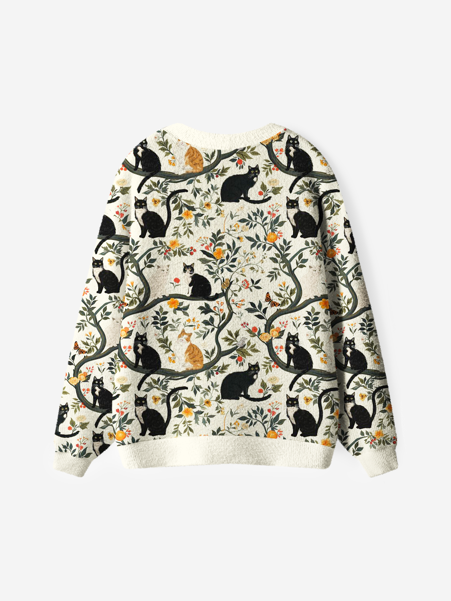 Vintage Whimsical Cat Garden Cardigan Sweaters