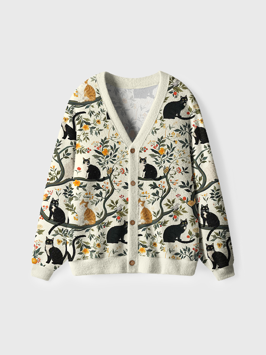 Vintage Whimsical Cat Garden Cardigan Sweaters