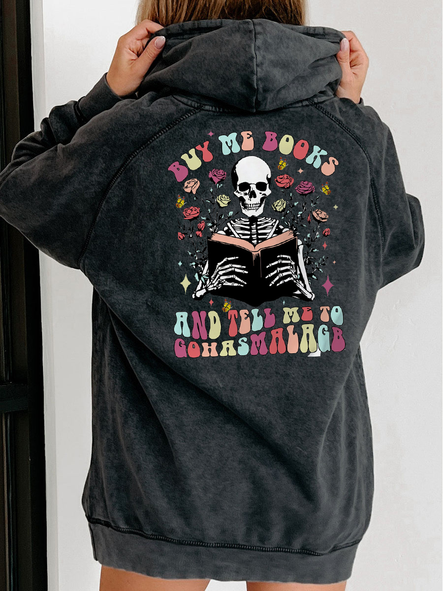 Skeleton Reading Book Plus Size Washed Hoodie