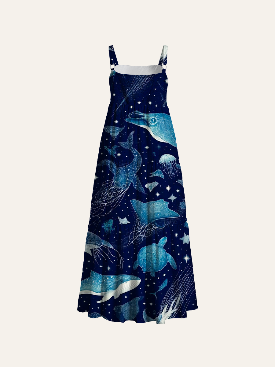 Celestial Ocean Creatures Line Art Adjustable Wide Straps Maxi Dress