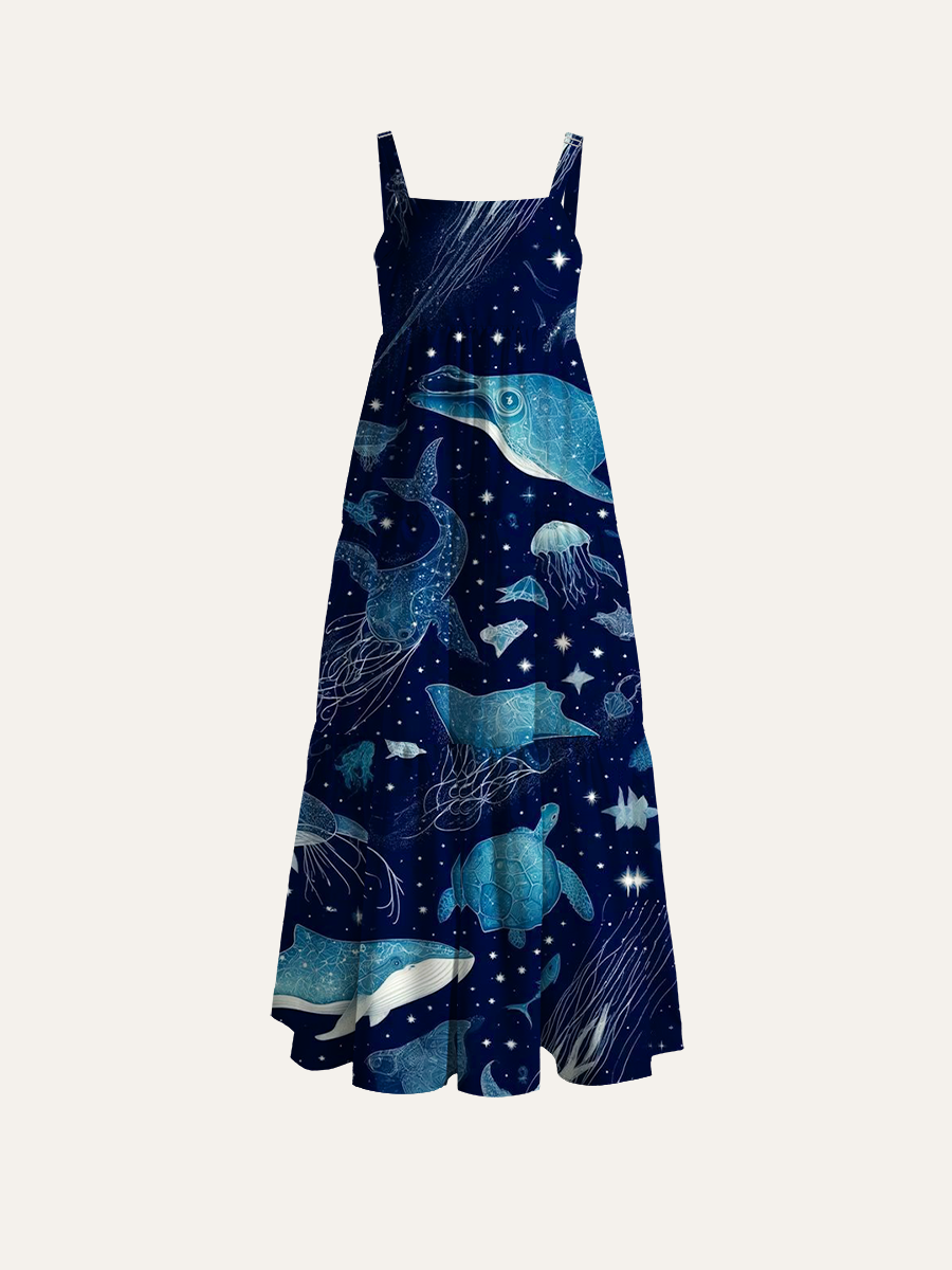 Celestial Ocean Creatures Line Art Adjustable Wide Straps Maxi Dress