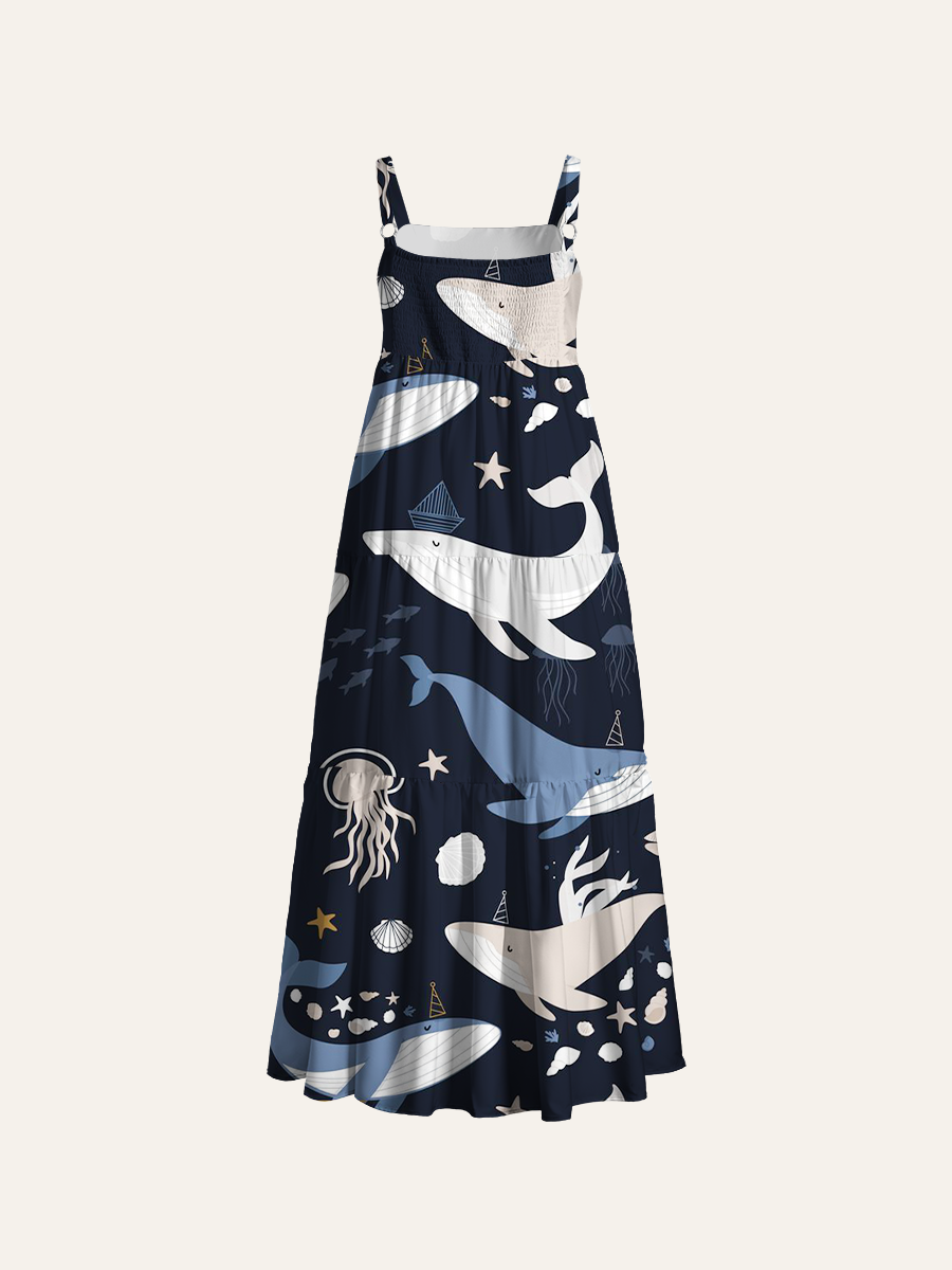 Minimalist Whale & Jellyfish Adjustable Wide Straps Maxi Dress