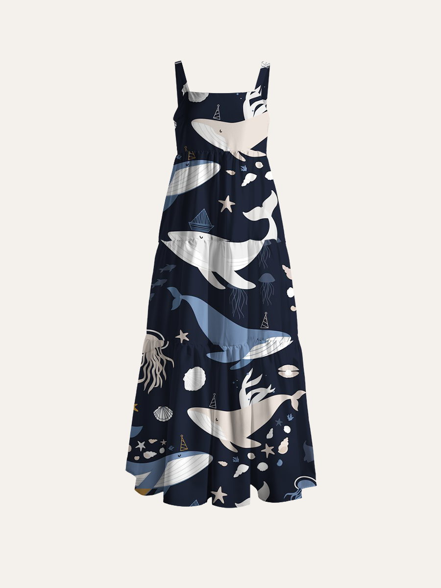 Minimalist Whale & Jellyfish Adjustable Wide Straps Maxi Dress