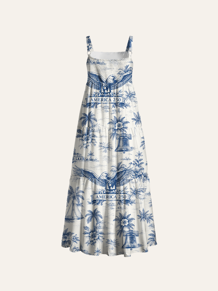American Coastal Toile De Jouy Adjustable Wide Straps Maxi Dress