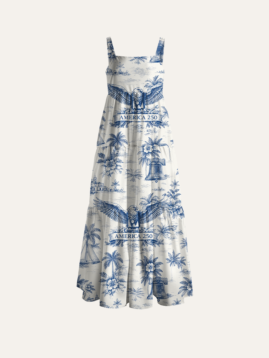American Coastal Toile De Jouy Adjustable Wide Straps Maxi Dress