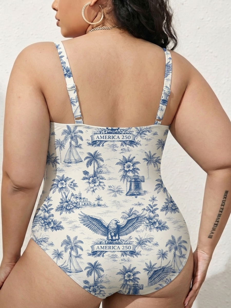 Vintage American Coastal Toile De Jouy Gathered Swimsuit