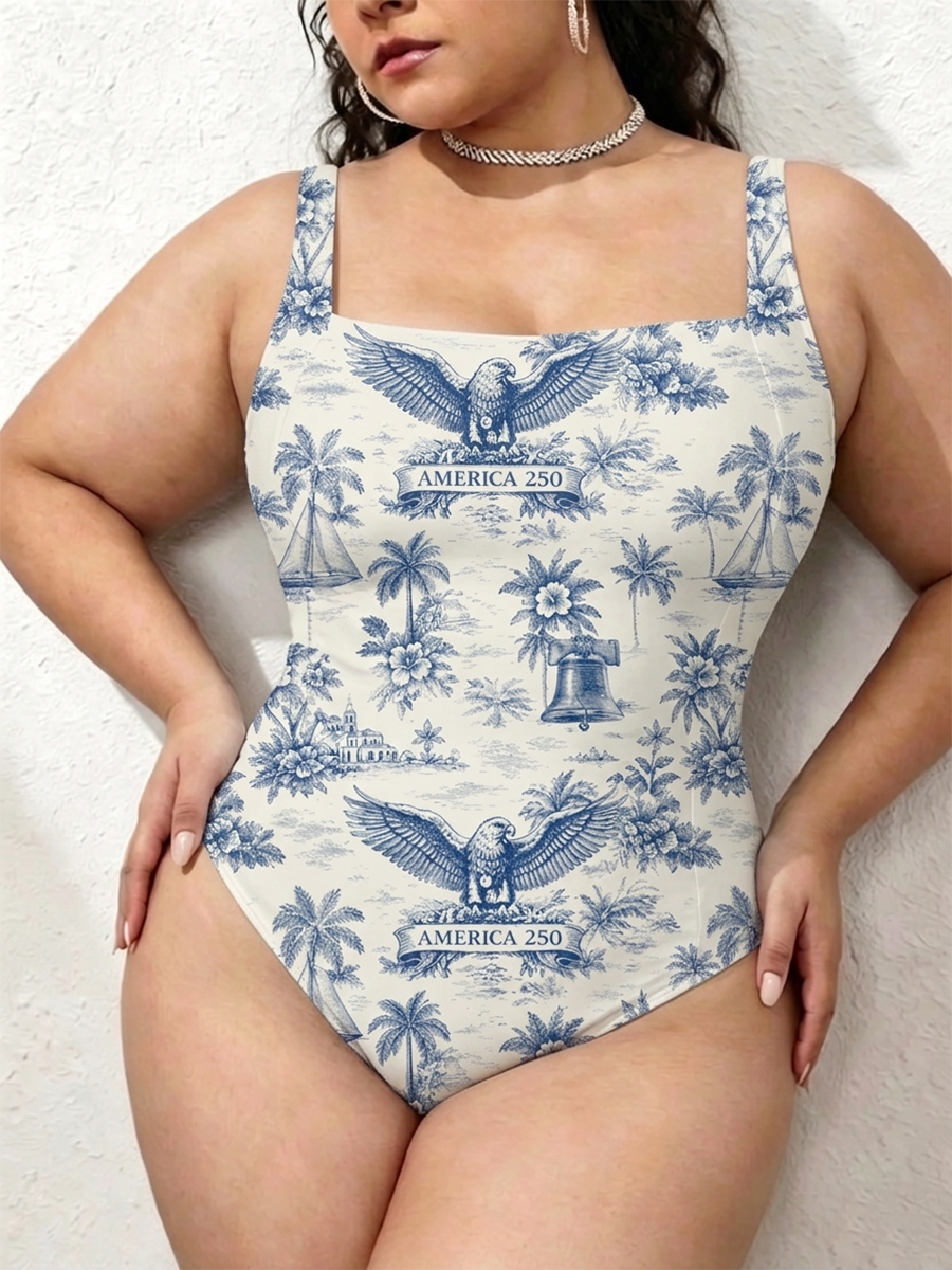Vintage American Coastal Toile De Jouy Gathered Swimsuit